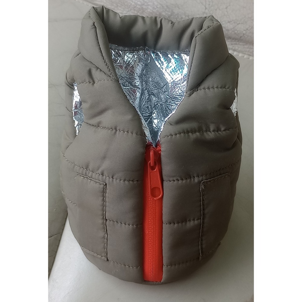 Puffin Beverage Jacket Can Cooler Koozie Olive Green Puffer Vest Orange Zipper